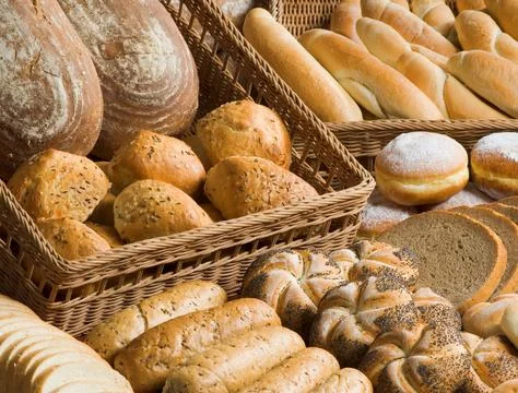 Various types of bread and pastry Stock Photos