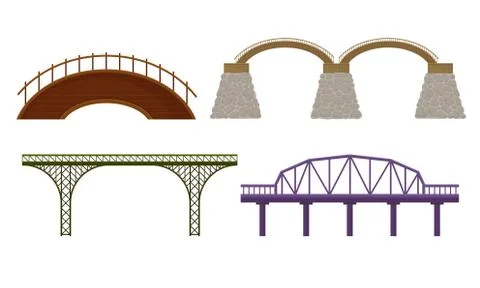 Various Types of Bridges Made of Concrete and Metal Isolated on White Background Ilustração Stock