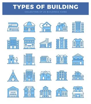 Various types of building icons in a grid layout Ilustração Stock