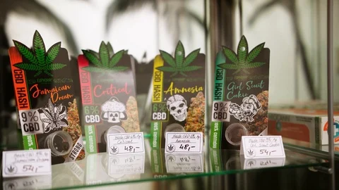 Various types of CBD hash hashish for sale in display in cannabis shop Stock-Footage 125665866