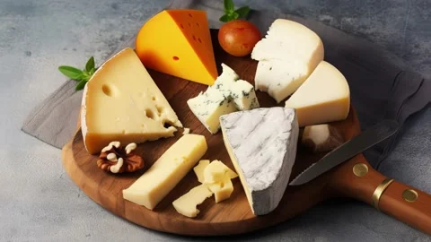 Various Types Of Cheese Served On Rustic Wooden Board Placed On Concrete Ba.. Stock Footage 238996558