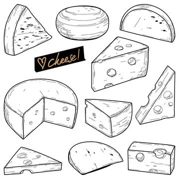 Various types of cheese sliced in pieces. Hand drawn ink sketch. Vintage style. Stock Illustration