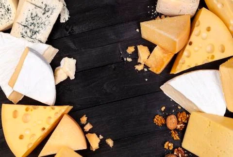 Various types of cheese. Top view. Copy space. Foto stock
