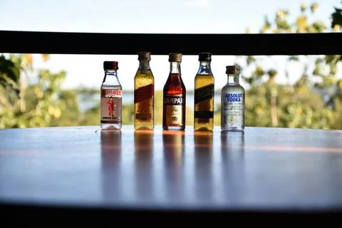 Various types of chilled mini whiskey bottles on a table Stock Photos