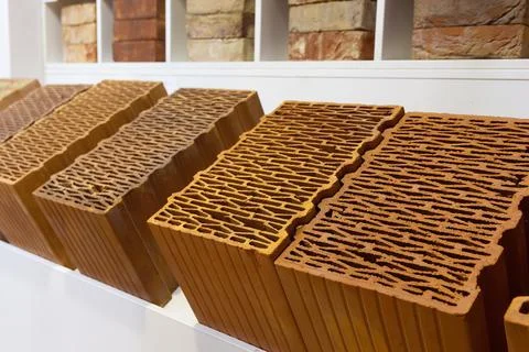 Various types of construction hollow red bricks with different patterns ins.. Foto stock