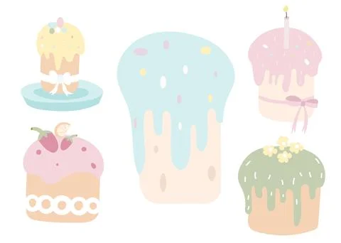Various types of Easter Multicolored cakes. Vector set in flat style. Eleme.. イラスト素材