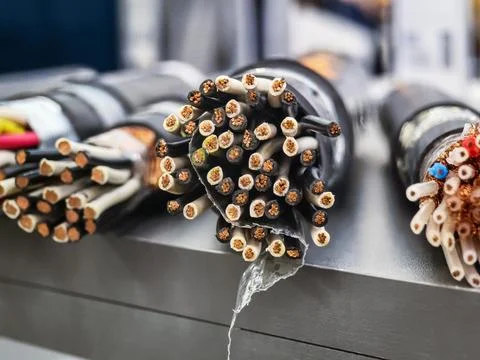 Various types of electrical cables displayed on a table at a technical Stock Photos