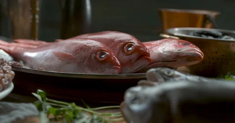 Various types of fresh fish, octopus and muscles arranged on plates and bowls sl Video stock 199460047