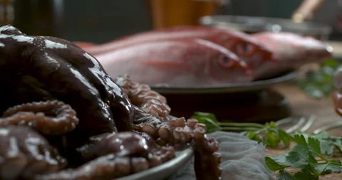 Various types of fresh fish, octopus and muscles arranged on plates and in bowls Stock Footage 199461237