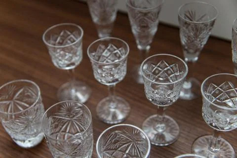 Various types of glasses for wine and vodka. Glasses for drinking 스톡 사진