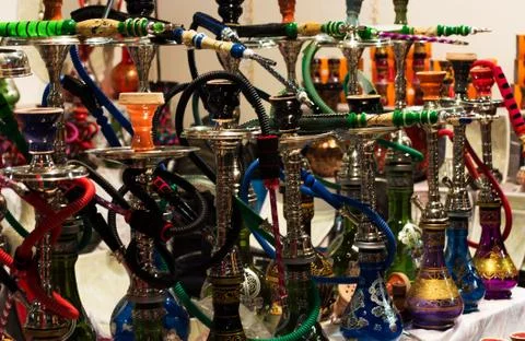 Various types of hookahs in the store Stock Photos