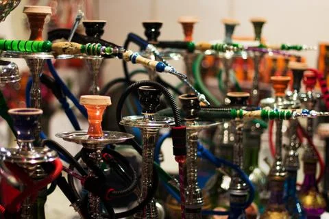 Various types of hookahs in the store Stock Photos