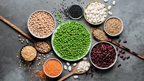 Various types of legumes, beans, lentils, chickpeas and peas. Legume set Stock Footage 283683295