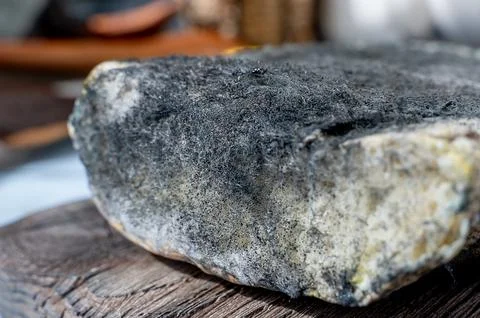 Various types of mold on a loaf of bread. A loaf of bread lies on a dark surf 스톡 사진