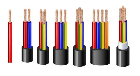 Various types power, acoustic cables with electrical wire conductors held Stock Illustration
