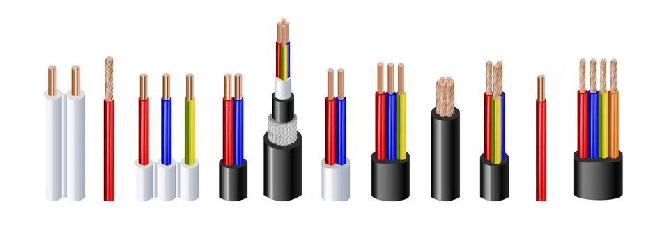 Various types power, acoustic cables with electrical wire conductors held Stock Illustration