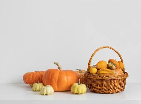 Various types of pumpkins and squash in a basket on a white background.  Stock Photos