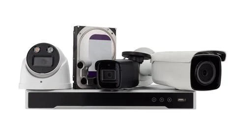 Various types of security cameras and a digital video recorder isolated on a Stock Photos