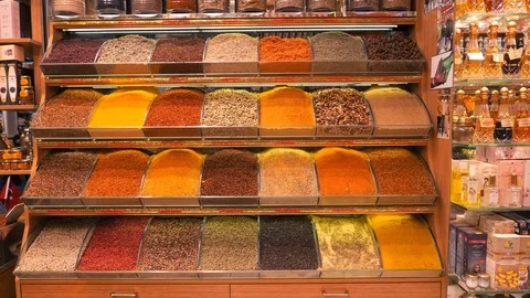 Various types of spices on display inside Spice Bazaar in Istanbul, Turkey. Stock Footage 95876532