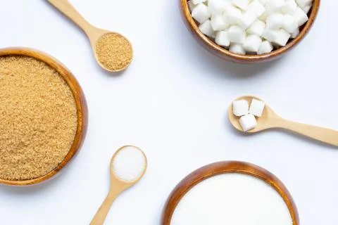 Various types of sugar on white background. Foto stock