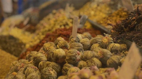Various types of tea and spices in market, Istanbul Stock Footage 65874310