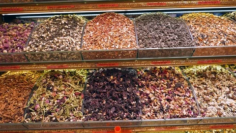 Various types of tea on sale inside Spice Bazaar, Istanbul, Turkey. Stock Footage 95876519