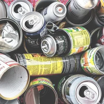 Various types of tin cans to be recycled Stock Photos