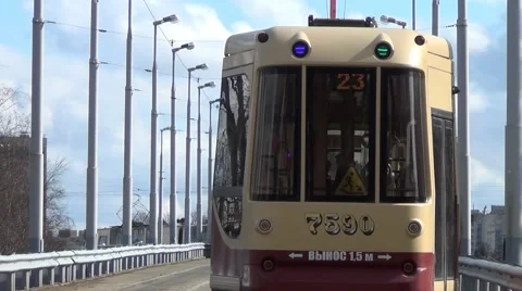Various types of tram rolling stock at the dedicated trestle ramp Stock Footage 61964492