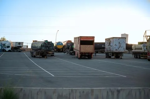Various types of trucks parked 스톡 사진