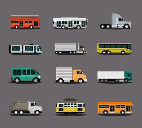 Various types of vehicles, car, truck, van, bus, truck and trailer, side view Stock Illustration