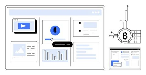 Various UI elements with charts, text boxes, video, and an audio feature. A d Stock Illustration
