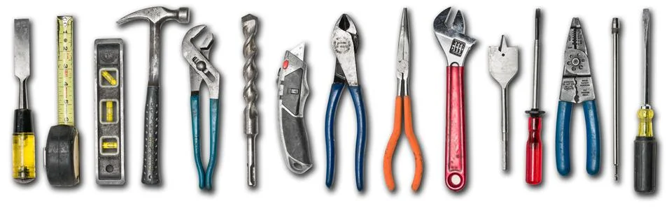 Various used tools on white background Stock Photos