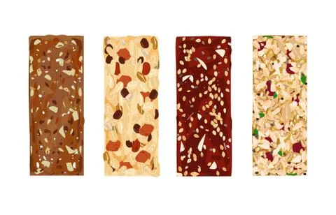 Various vector granola bars isolated on white background. Healthy gluten-free Stock Illustration