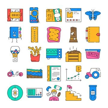 Various vector icons representing technology, business, food, and science c.. Stock Illustration