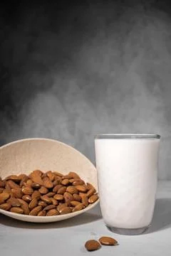 Various vegan vegetable milk, non dairy almond alternative milk, vertical banner Stock Photos