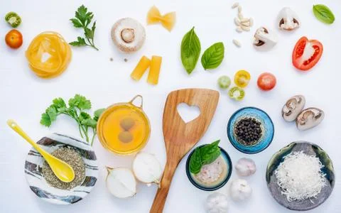 Various vegetable and ingredients for cooking pasta menu sweet basil ,tomato Stock Photos
