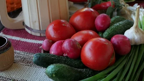 Various vegetables. Healthy vegatable on the table with stripped towel. Tomatoes Stock Footage 134520895