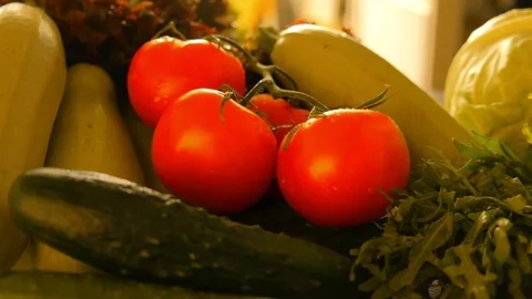 Various vegetables on a table, motion. vegetarian. Stock Footage 122287292