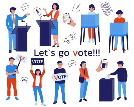 Various voting elements: debates, people protesting, filling out ballots in.. 库存插图