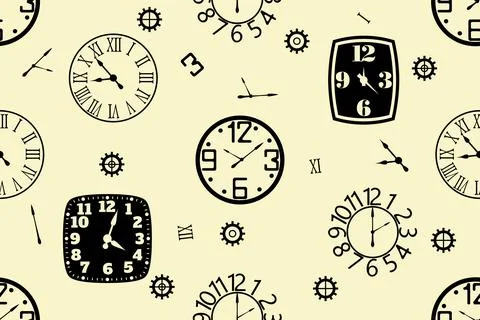 Various wall clocks and gears - seamless pattern Stock Illustration