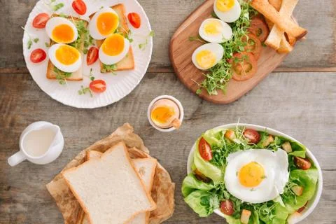 Various ways of cooking chicken eggs. Breakfast with eggs. Stock Photos