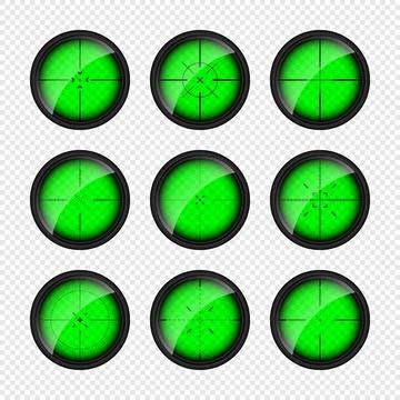 Various weapon night sights, sniper rifle optical scopes. Hunting gun viewfinder Stock Illustration