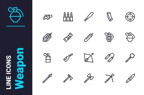 Various weapons for attack icons set Illustrazione stock