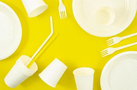 Various white plastic disposable tableware. High quality and resolution Stock Photos