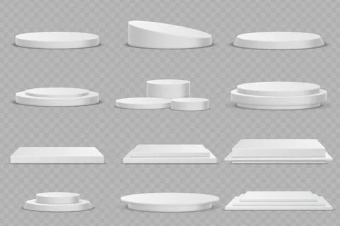 Various white podiums in different shapes on a transparent background Illustrazione stock