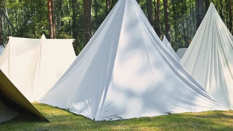 Various white tents are arranged on green grass in a wooded area. The setting Stockbeeldmateriaal 345036595