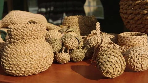 Various Wickerwork Items on the Table at the Rural Artisans Market. Stock Footage 271153763