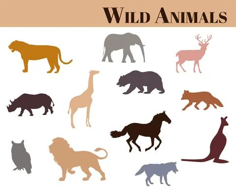 Various wild animals vector icon set in different colors on white background Stock Illustration