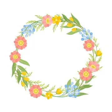 Various Wildflowers Twisted in Circle Flame Vector Illustration Stock Illustration