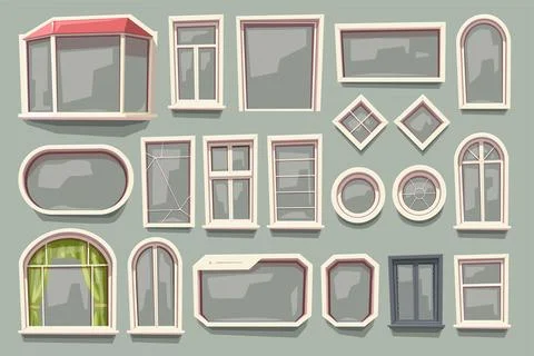 Various windows transparent in set cartoon style Stock Illustration